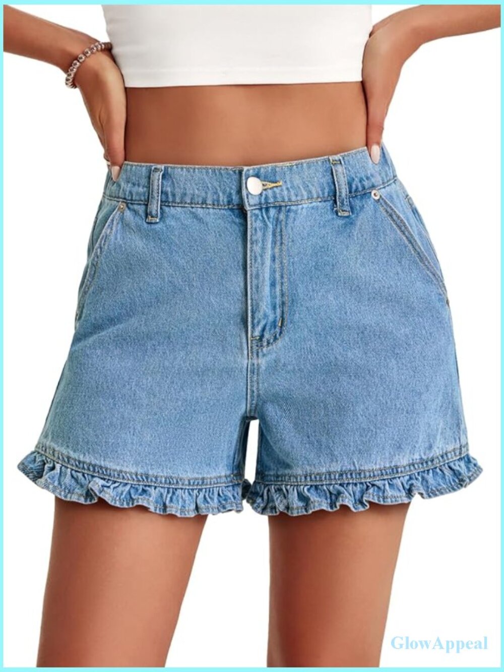 High Rise Ruffled Denim Shorts Cotton Cute Summer Casual with Pockets